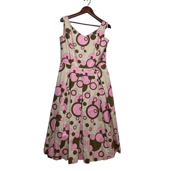 Lapis Dress Pink Green Polka Dot Fit and Flare Size Medium Linen Blend 50s style - Picture 2 of 14